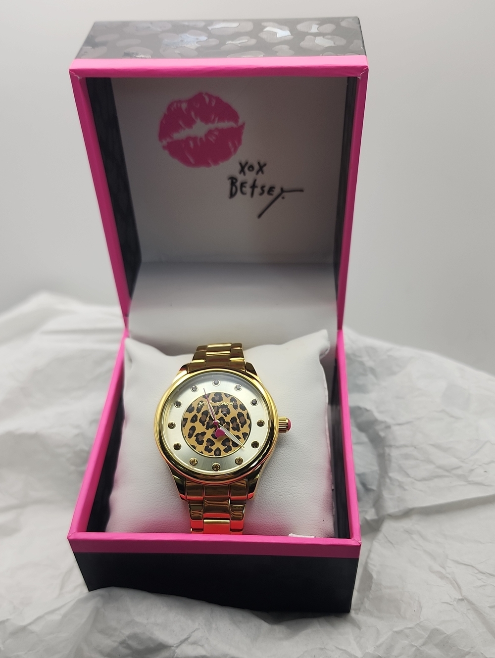 Betsey Johnson Gold Tone Watch with Leopard Heart Dial and Pink Accent